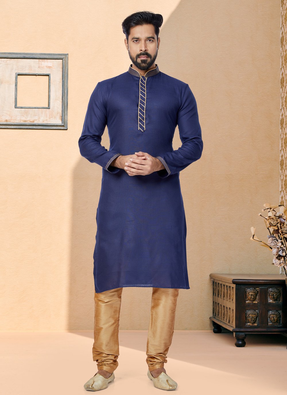 Kurta Pyjama Cotton Blue Plain Mens