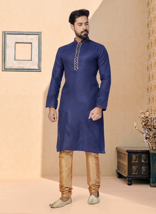 Kurta Pyjama Cotton Blue Plain Mens