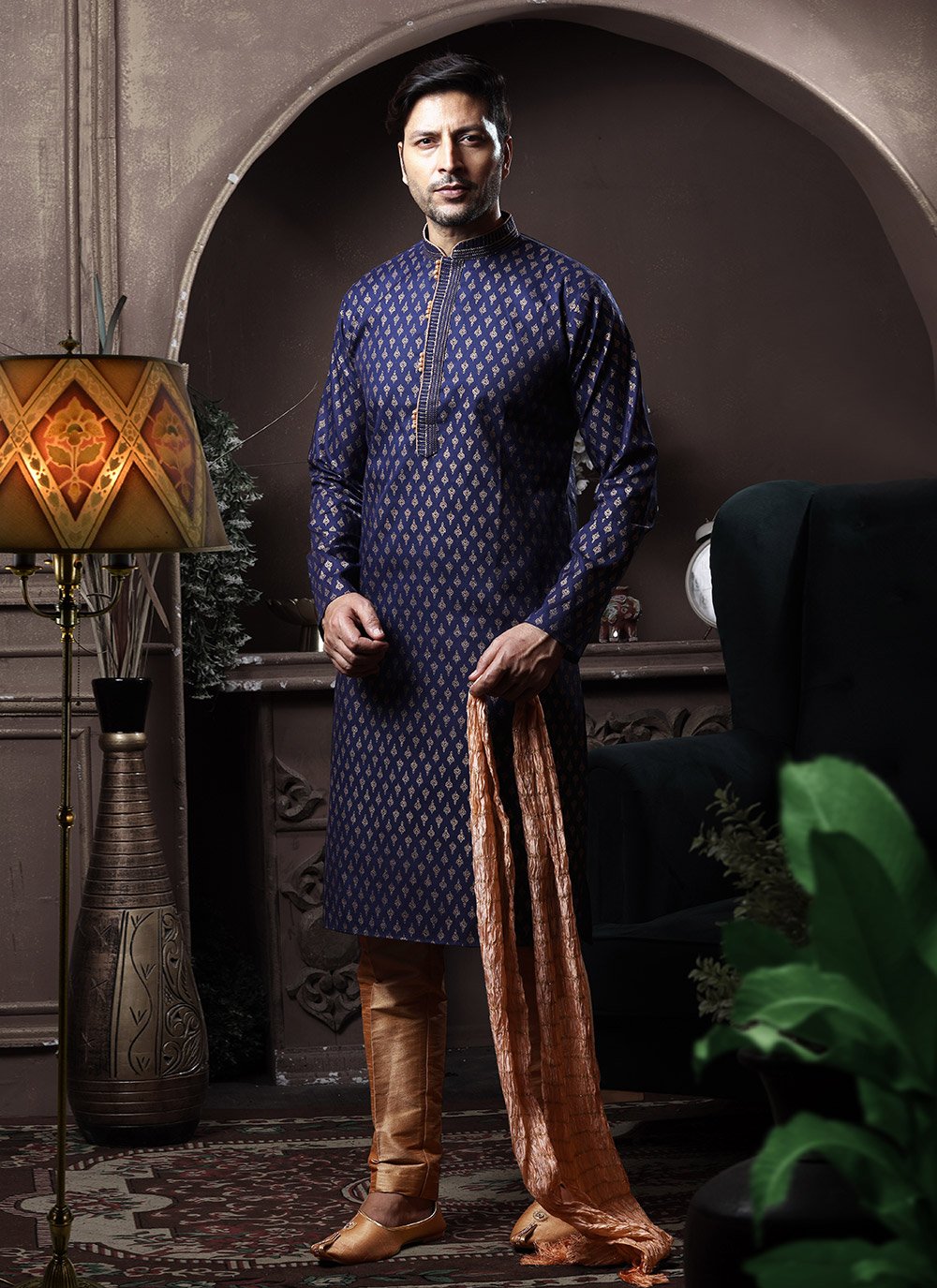 Kurta Pyjama Cotton Blue Print Mens