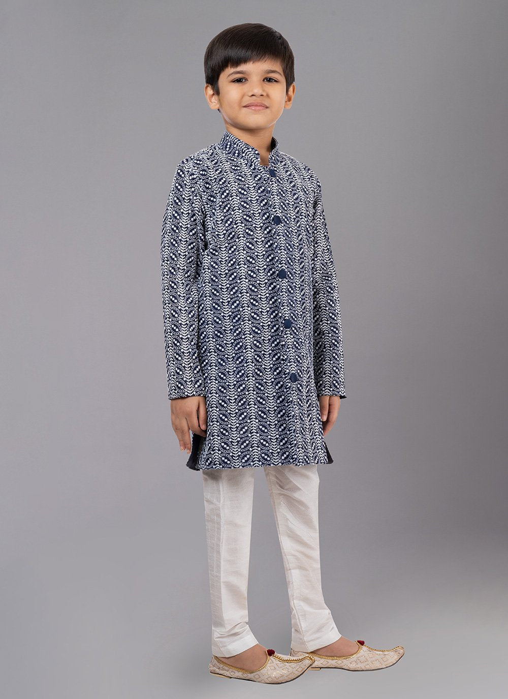 Kurta Pyjama Cotton Silk Blue Embroidered Kids