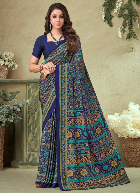 Classic Crepe Silk Blue Print Saree