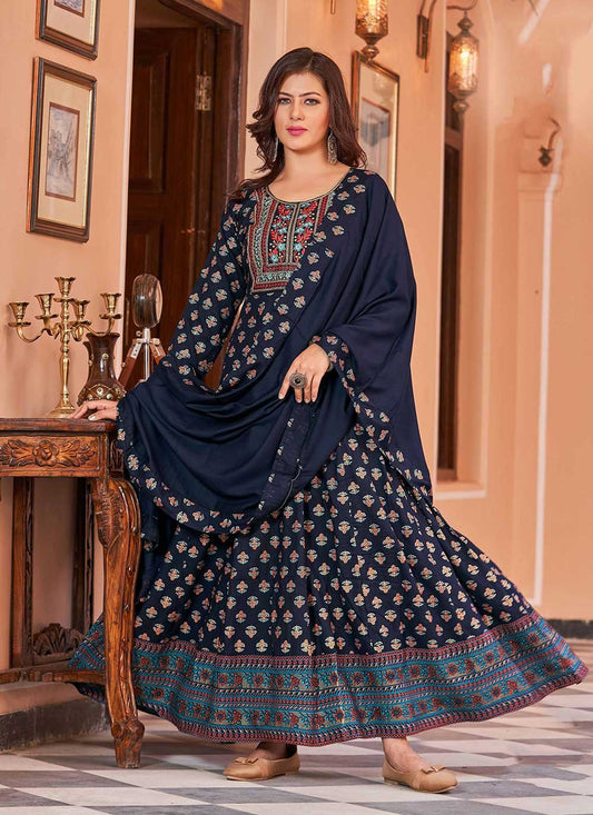 Designer Gown Rayon Blue Embroidered Gown