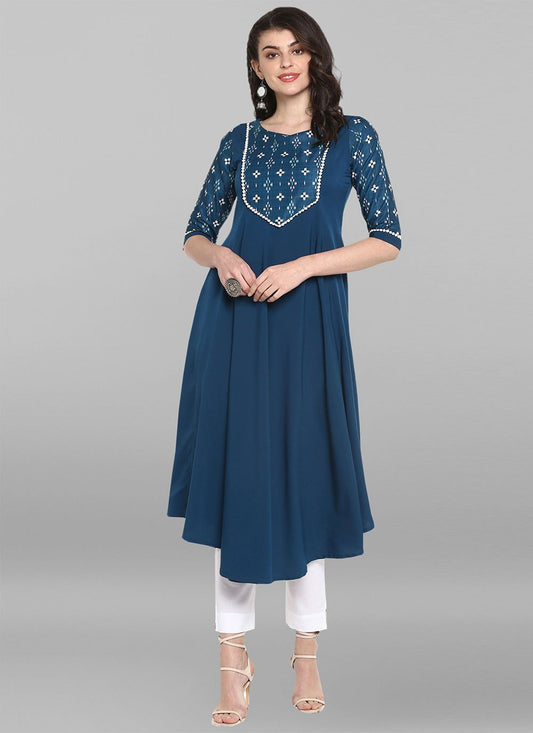 Designer Kurti Faux Crepe Blue Digital Print Kurtis