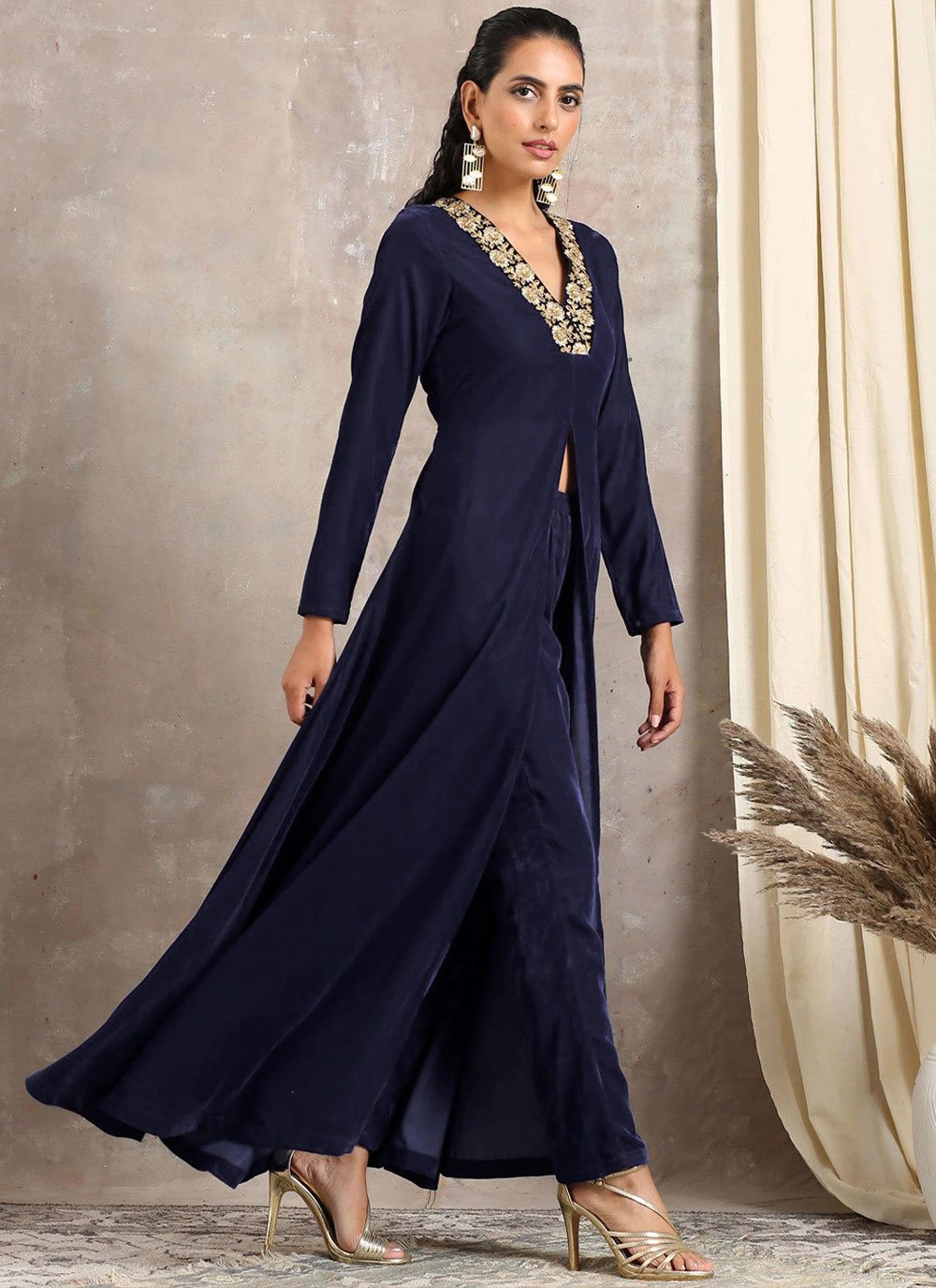 Designer Kurti Velvet Blue Embroidered Kurtis