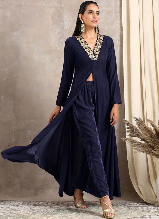 Designer Kurti Velvet Blue Embroidered Kurtis