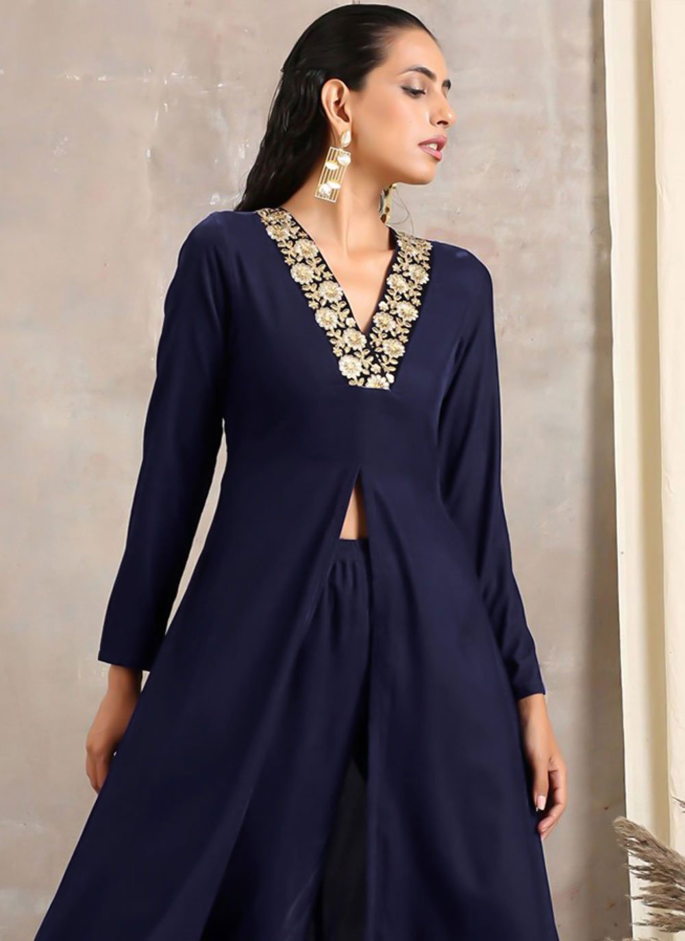 Designer Kurti Velvet Blue Embroidered Kurtis