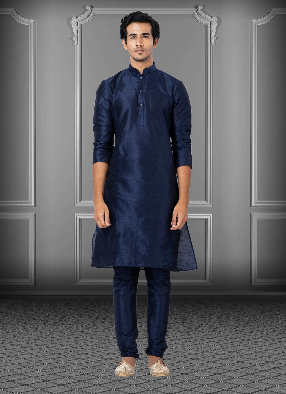 Kurta Pyjama Dupion Silk Blue Plain Mens