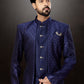 Indo Western Sherwani Dupion Silk Jacquard Blue Embroidered Mens