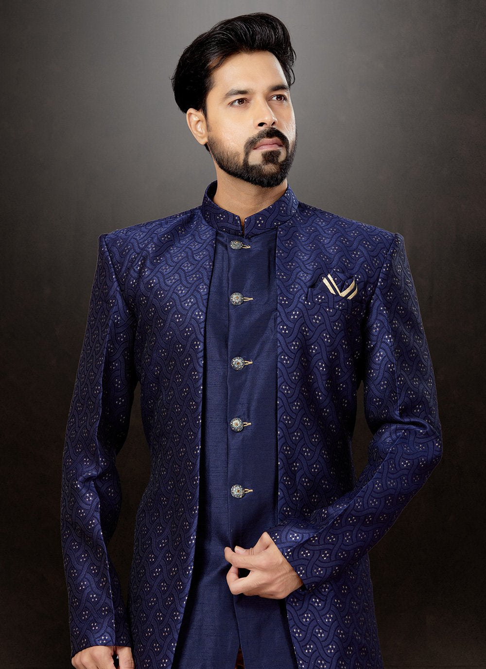 Indo Western Sherwani Dupion Silk Jacquard Blue Embroidered Mens