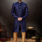 Indo Western Sherwani Dupion Silk Jacquard Blue Embroidered Mens