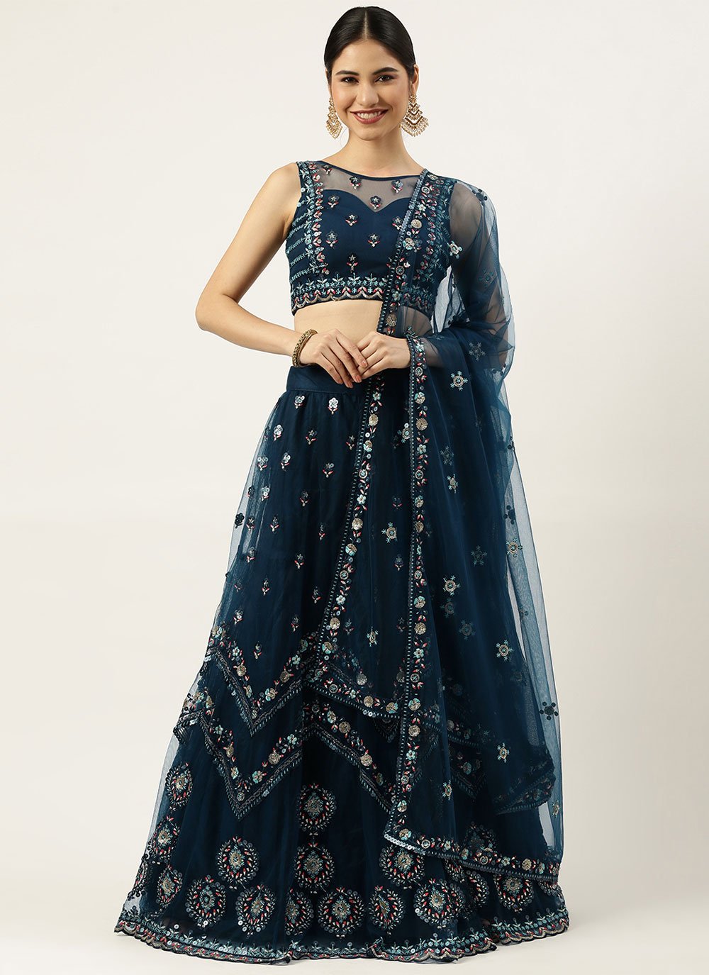 A Line Lehenga Net Blue Embroidered Lehenga Choli