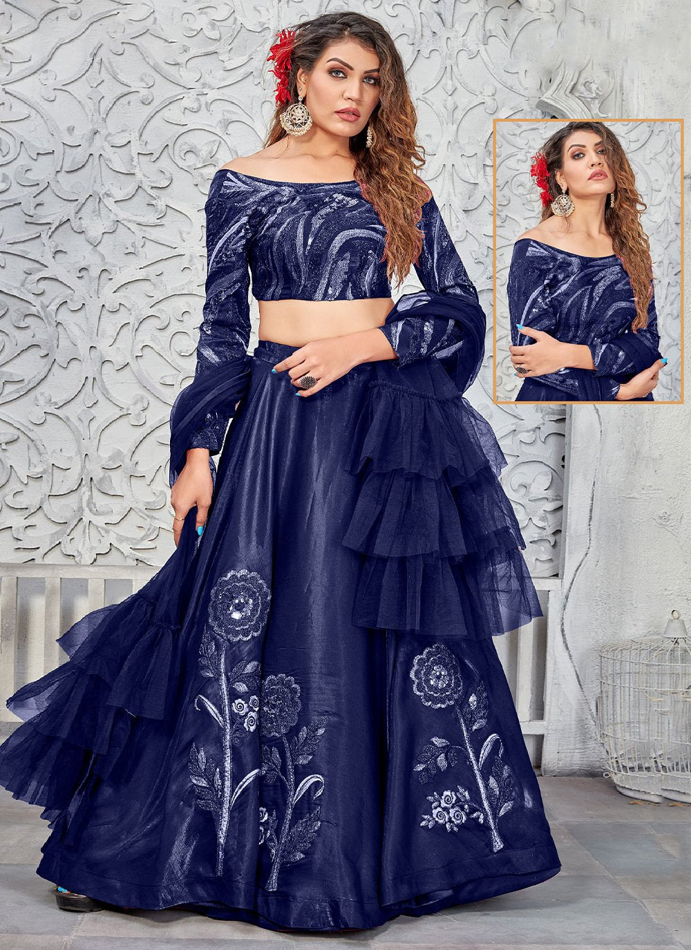 A Line Lehenga Silk Blue Embroidered Lehenga Choli