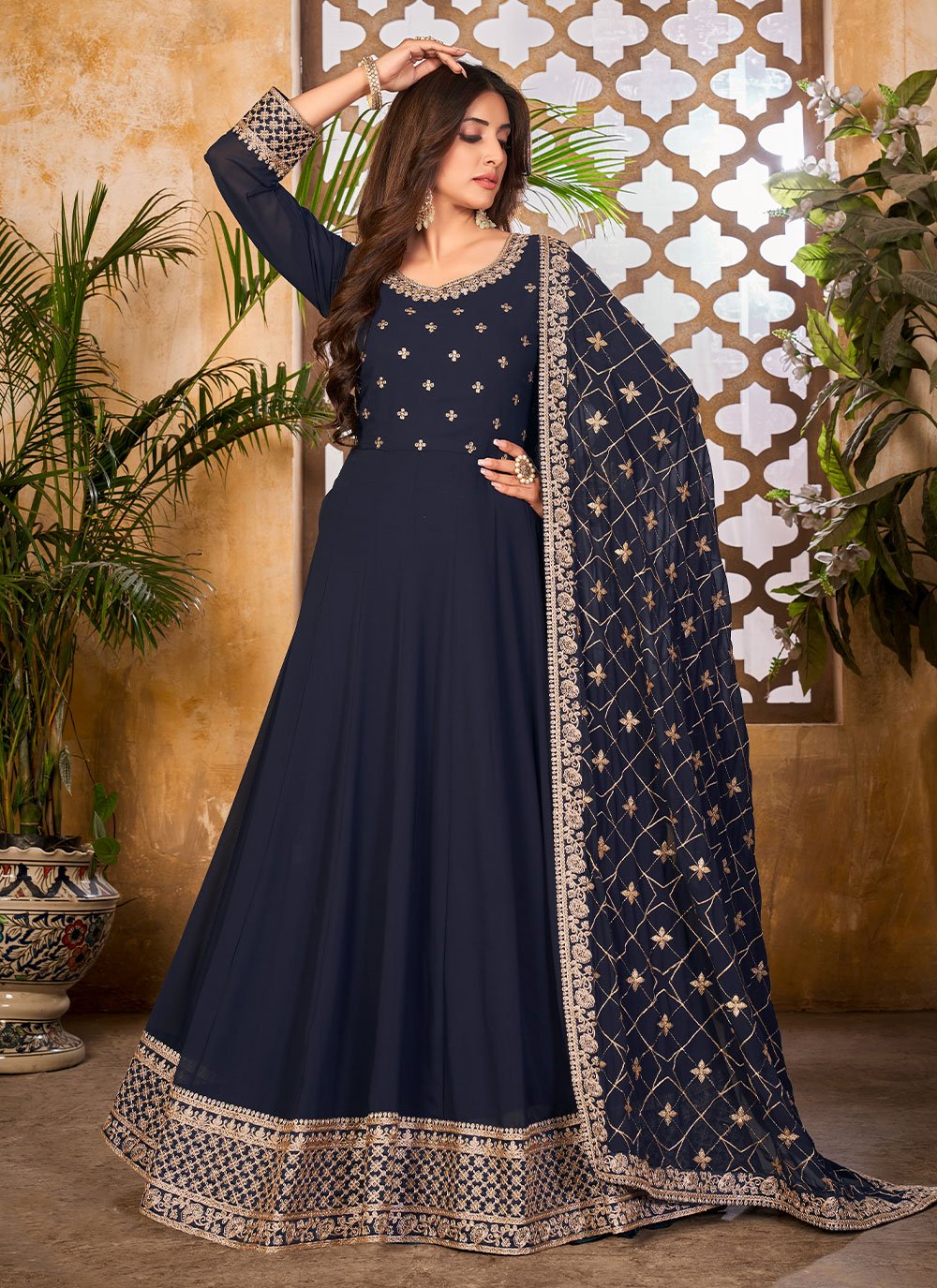 Anarkali Suit Faux Georgette Blue Embroidered Salwar Kameez