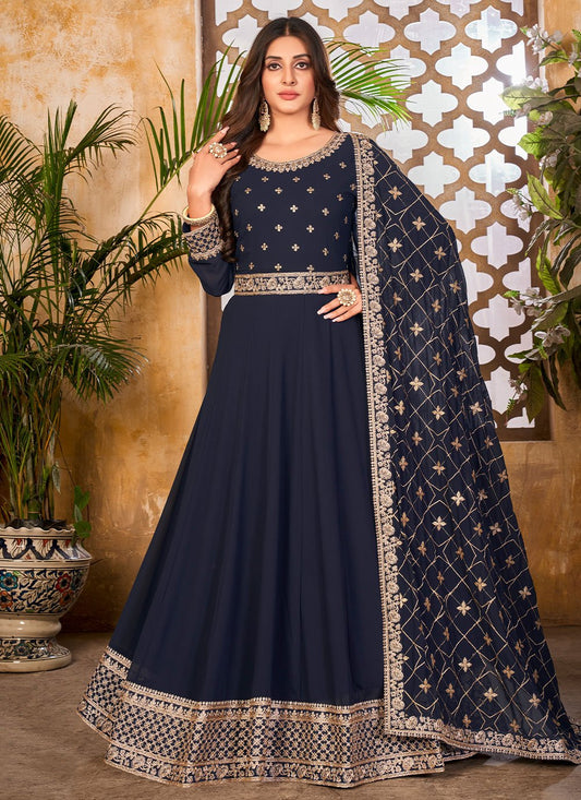 Anarkali Suit Faux Georgette Blue Embroidered Salwar Kameez