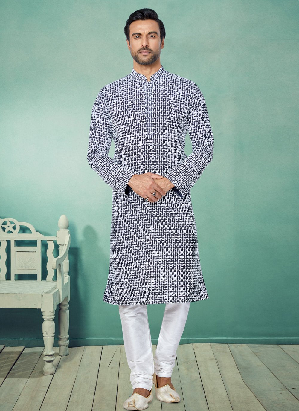 Kurta Pyjama Georgette Blue Embroidered Mens