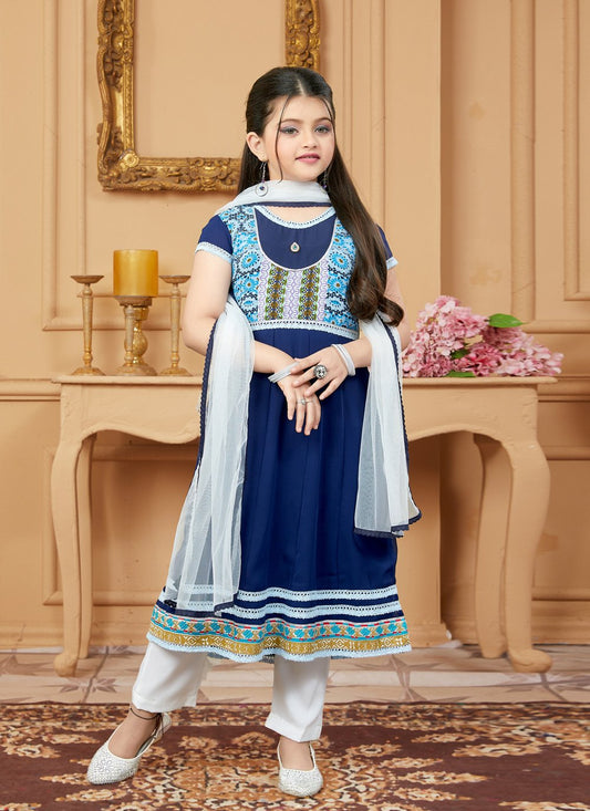 Pant Style Suit Faux Georgette Blue Embroidered Kids