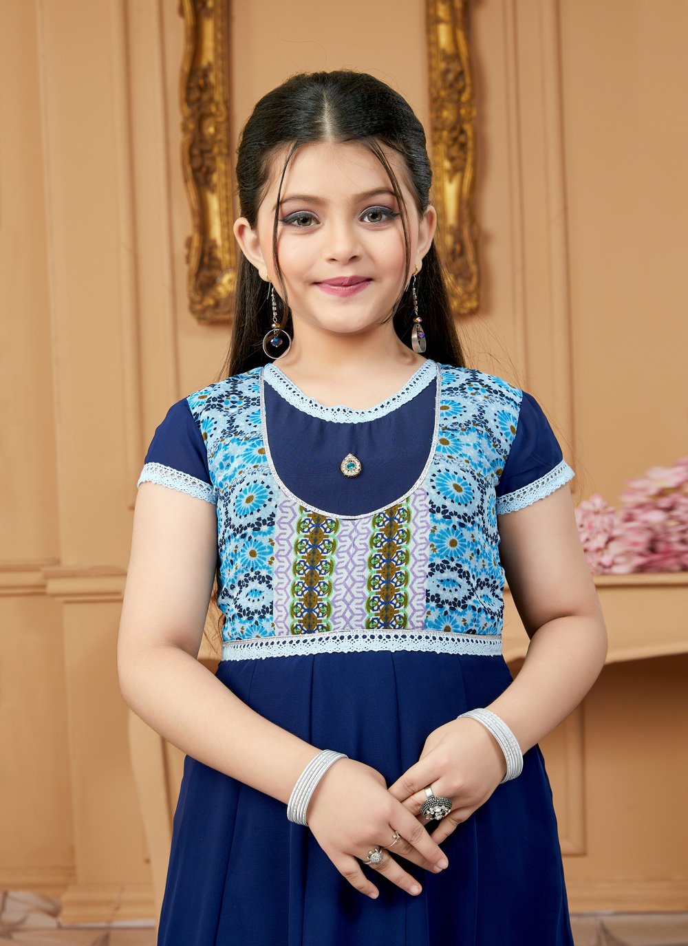 Pant Style Suit Faux Georgette Blue Embroidered Kids