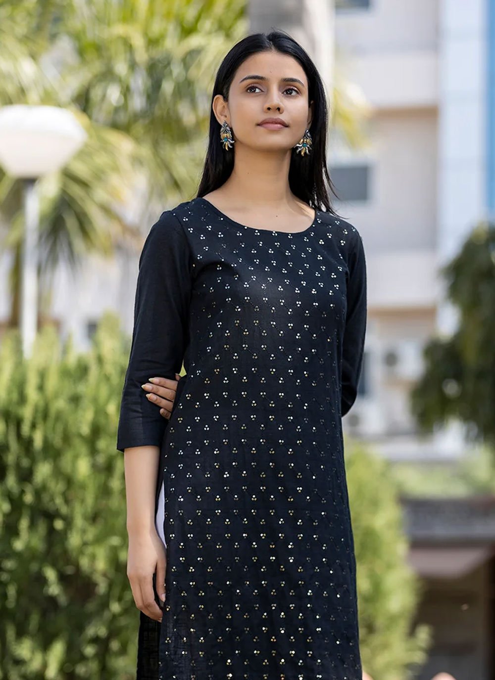 Party Wear Kurti Cotton Blue Embroidered Kurtis