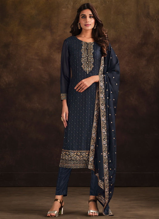 Pant Style Suit Georgette Blue Embroidered Salwar Kameez