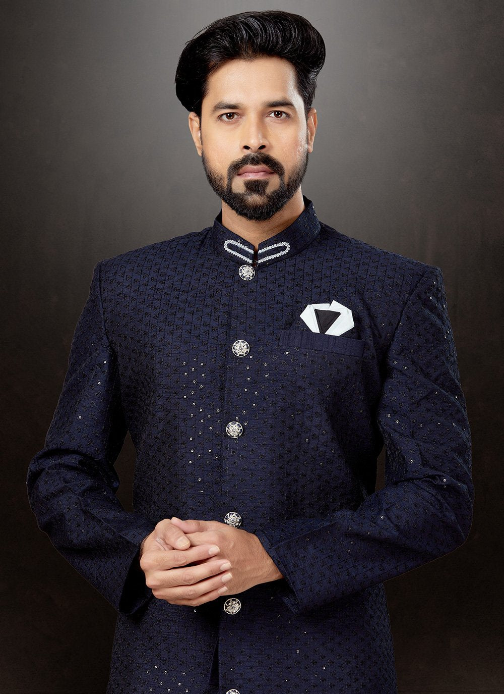 Indo Western Sherwani Jacquard Blue Embroidered Mens