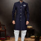 Indo Western Sherwani Jacquard Blue Embroidered Mens