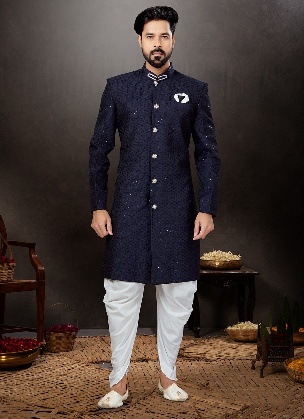 Indo Western Sherwani Jacquard Blue Embroidered Mens