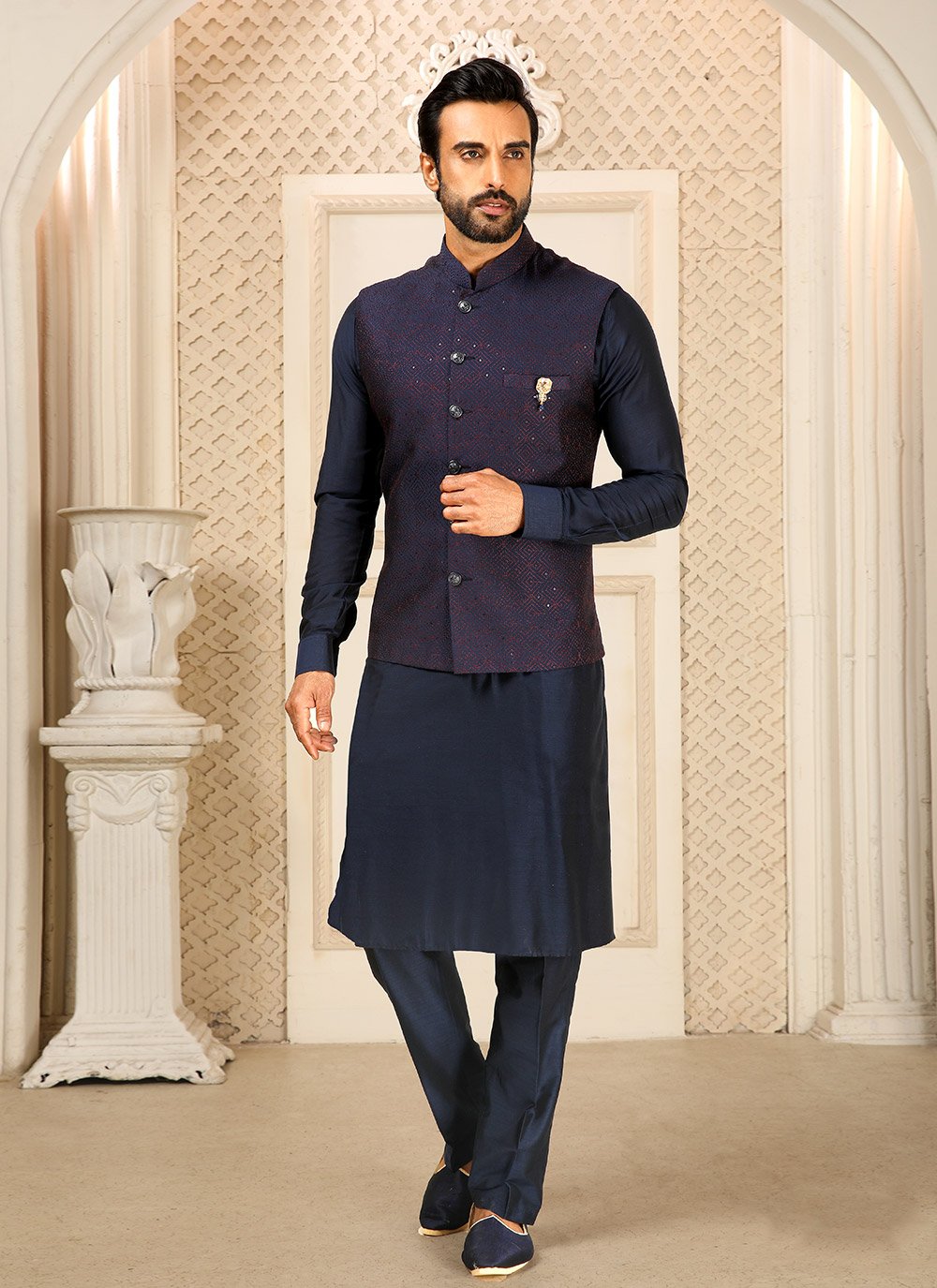 Kurta Payjama With Jacket Art Banarasi Silk Blue Embroidered Mens