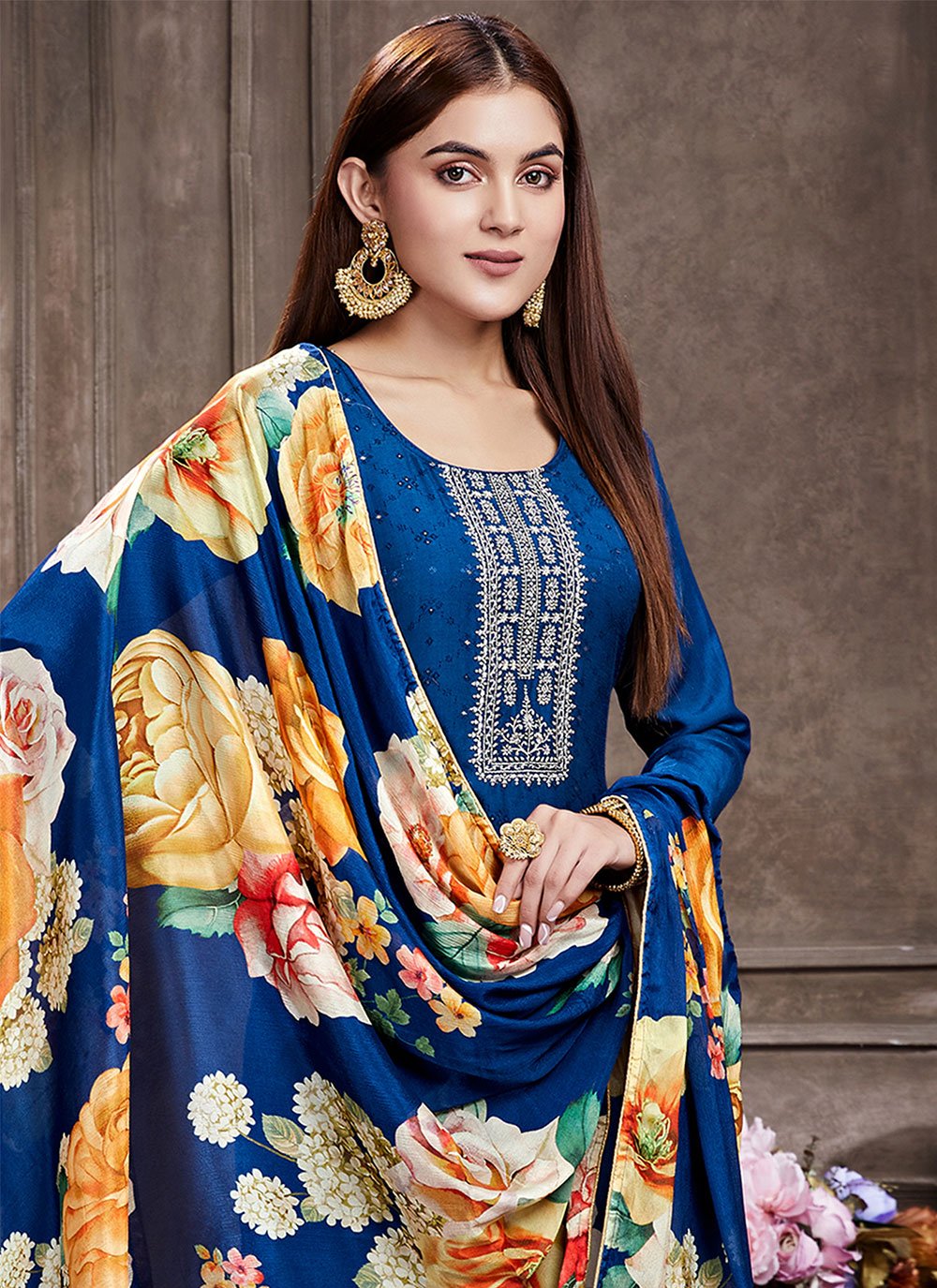 Floor Lenght Salwar Suit Muslin Blue Embroidered Salwar Kameez