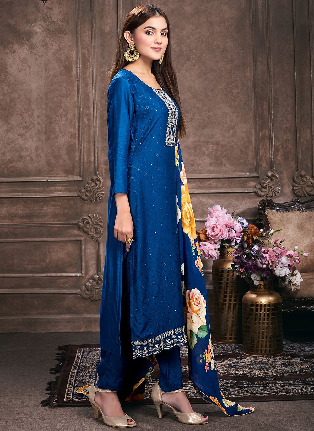 Floor Lenght Salwar Suit Muslin Blue Embroidered Salwar Kameez