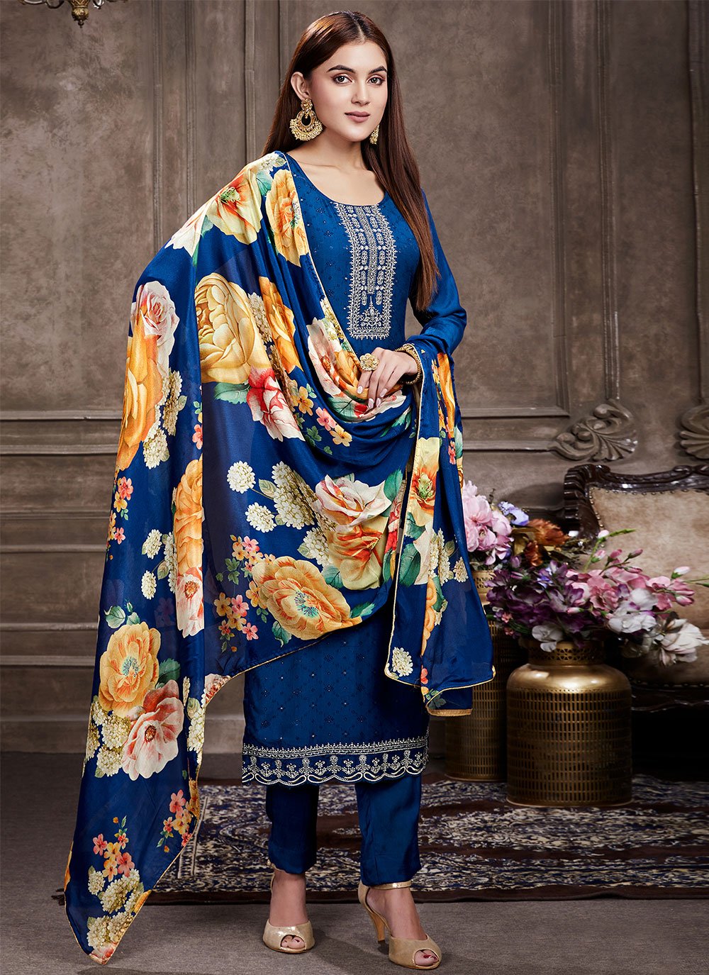 Floor Lenght Salwar Suit Muslin Blue Embroidered Salwar Kameez