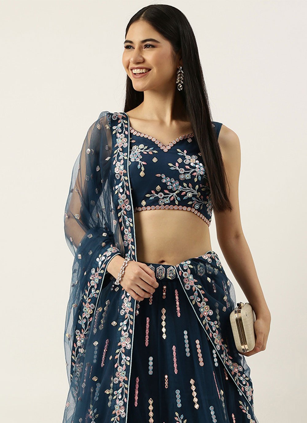 Lehenga Choli Net Blue Embroidered Lehenga Choli