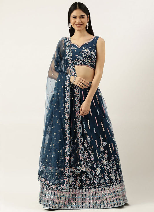 Lehenga Choli Net Blue Embroidered Lehenga Choli