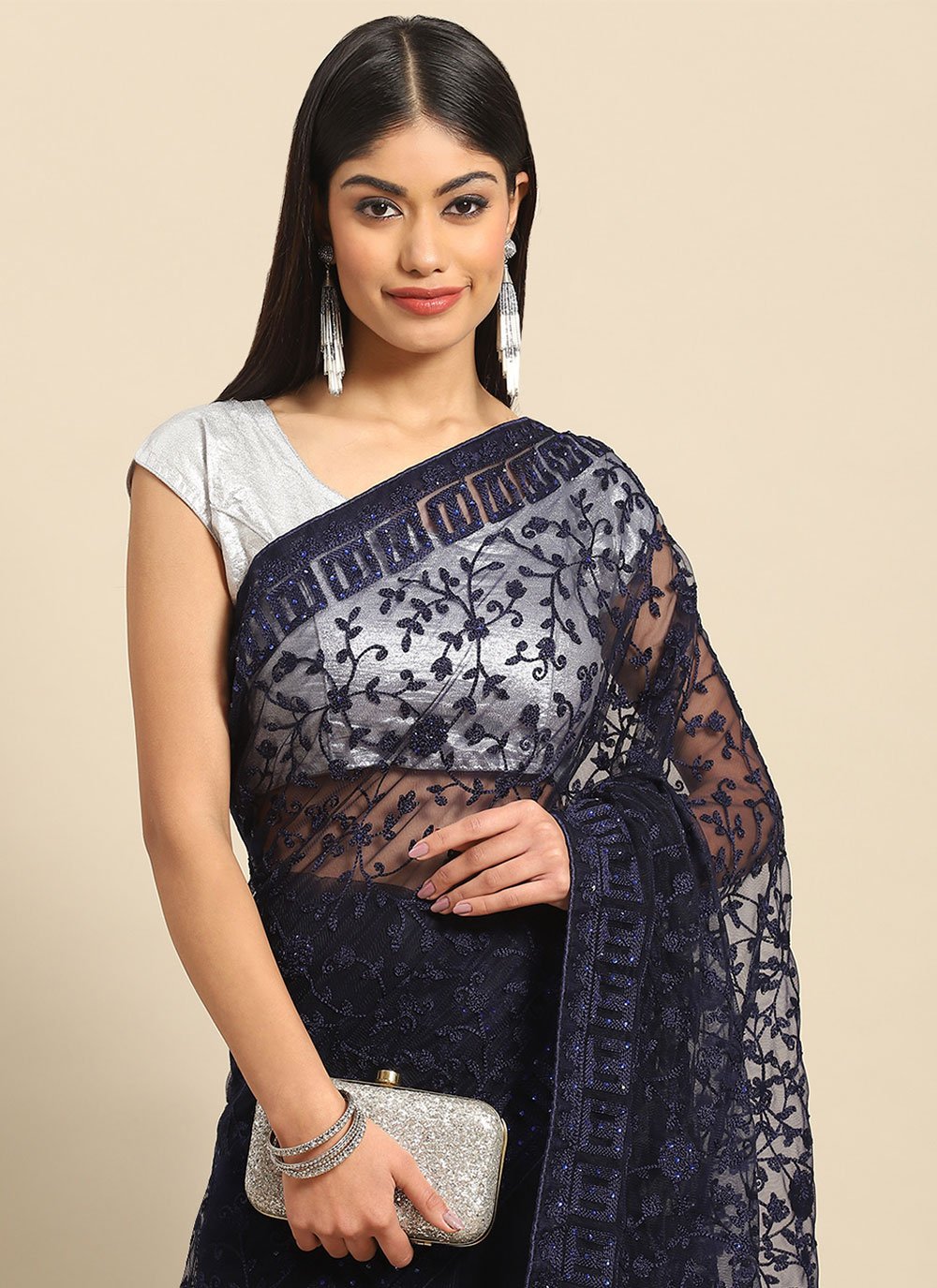 Classic Net Blue Embroidered Saree