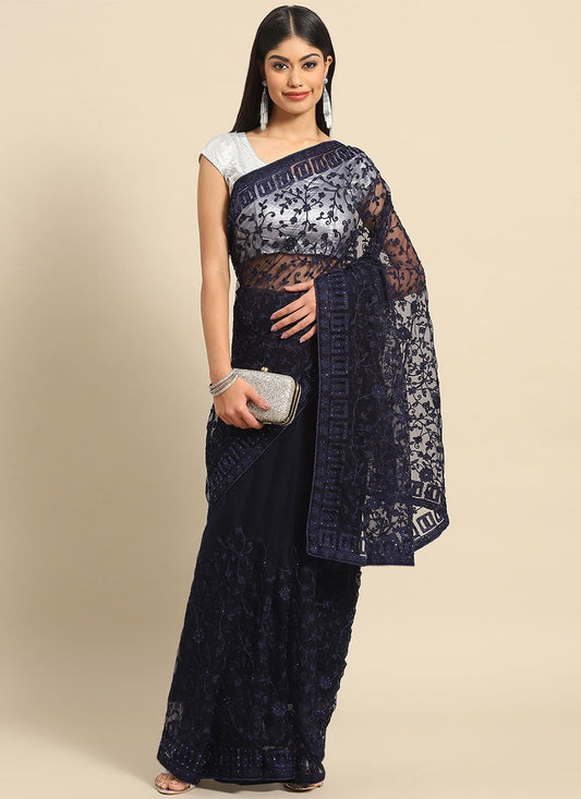 Classic Net Blue Embroidered Saree