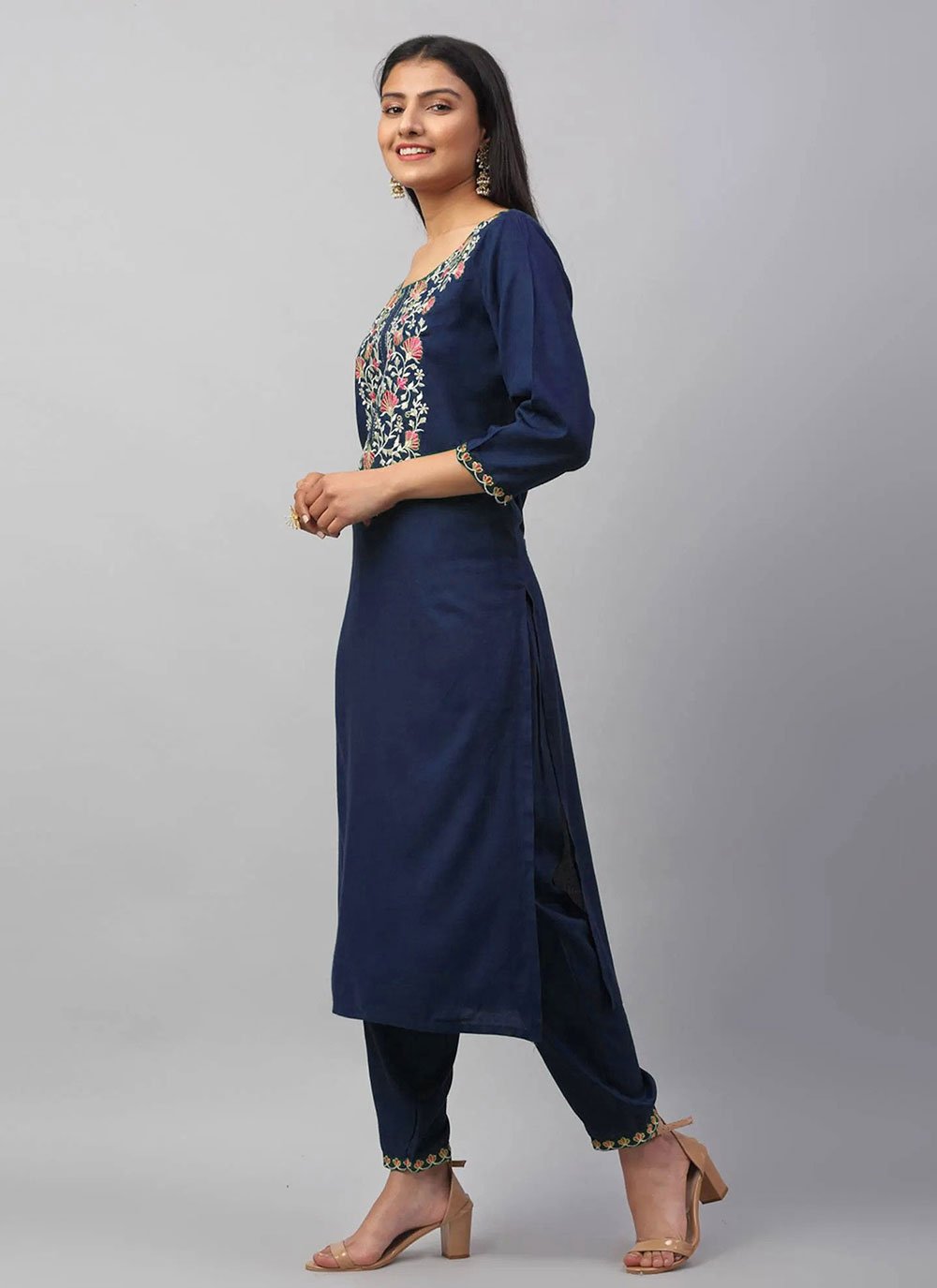 Designer Kurti Rayon Blue Embroidered Kurtis