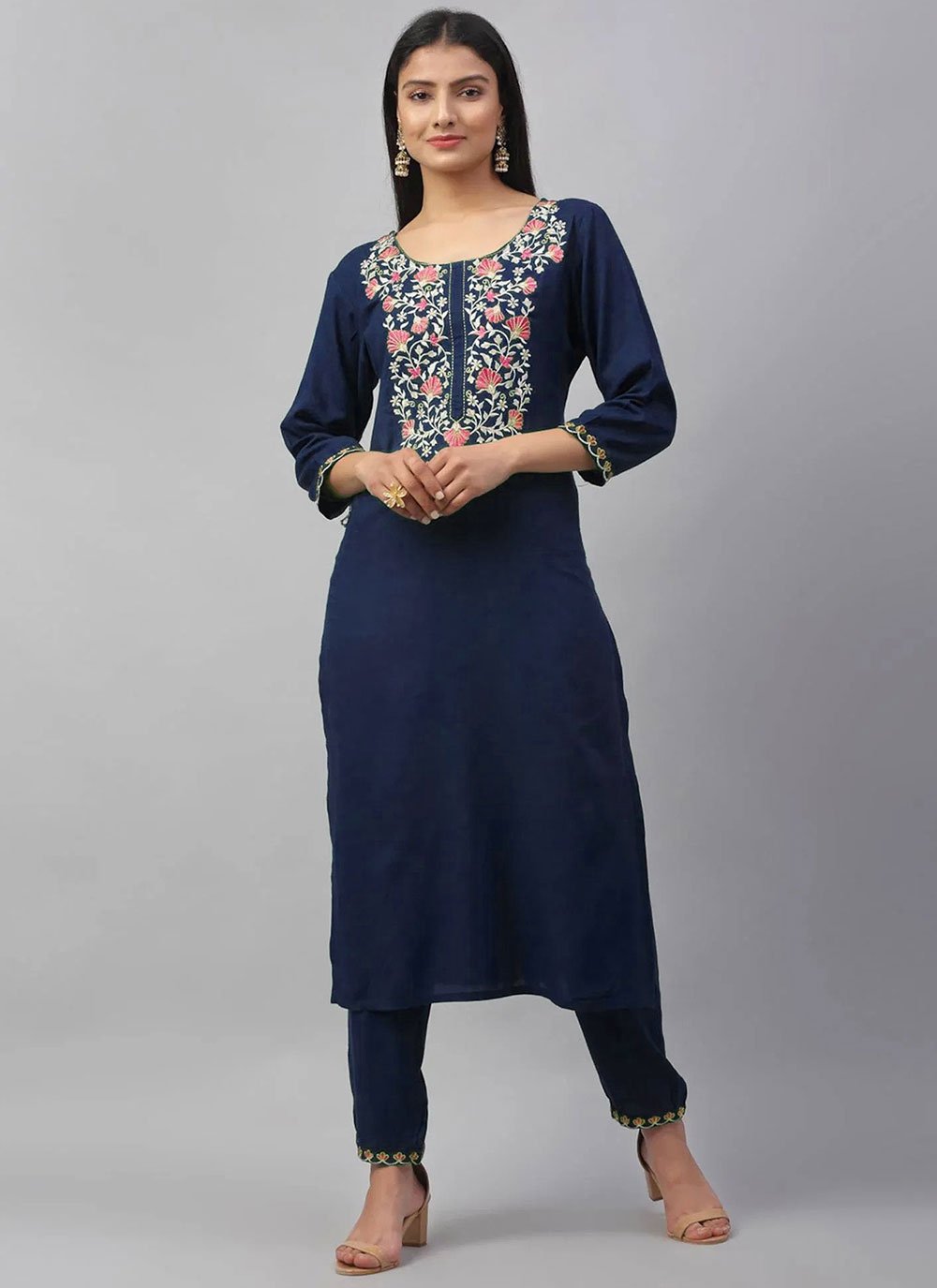 Designer Kurti Rayon Blue Embroidered Kurtis