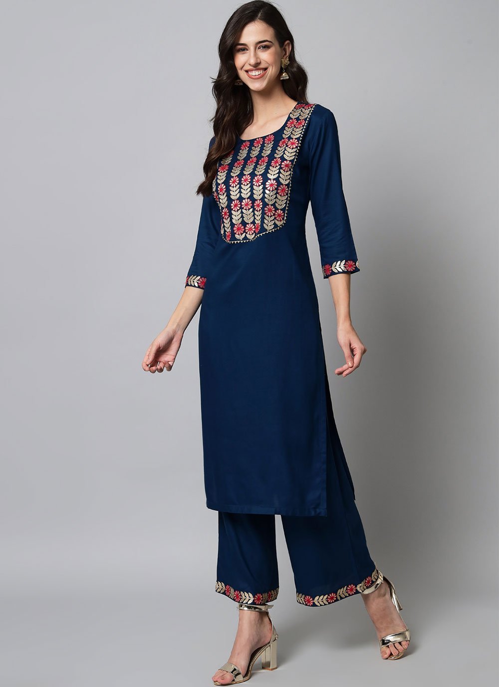 Party Wear Kurti Rayon Viscose Blue Embroidered Kurtis