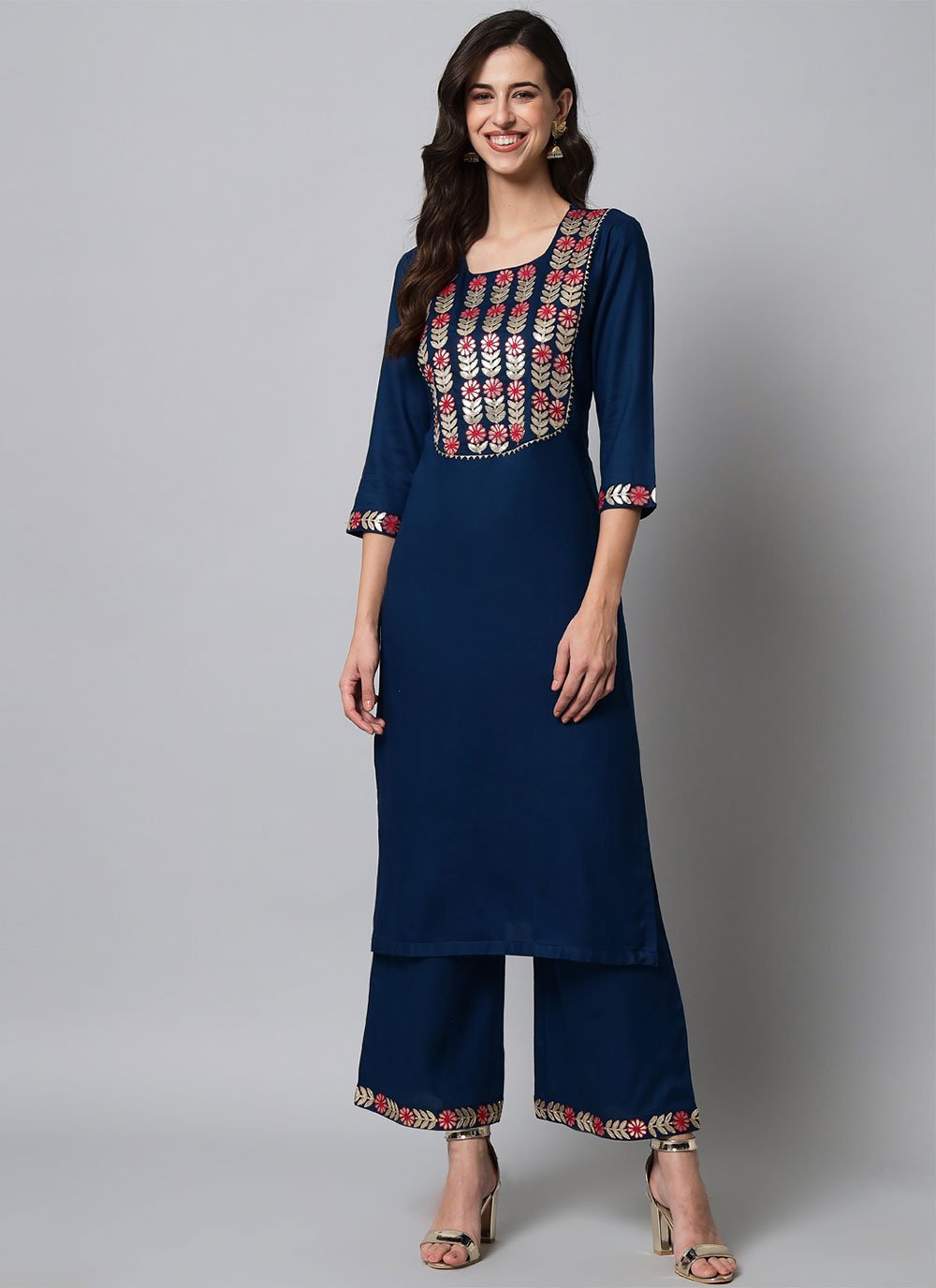 Party Wear Kurti Rayon Viscose Blue Embroidered Kurtis