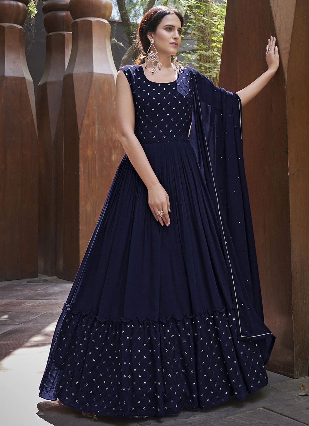 Gown Georgette Blue Embroidered Gown