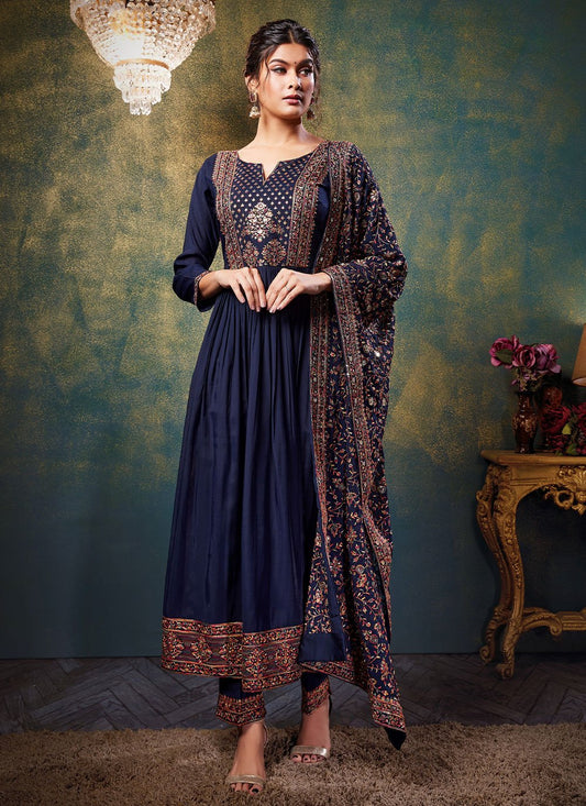 Salwar Suit Silk Blue Embroidered Salwar Kameez