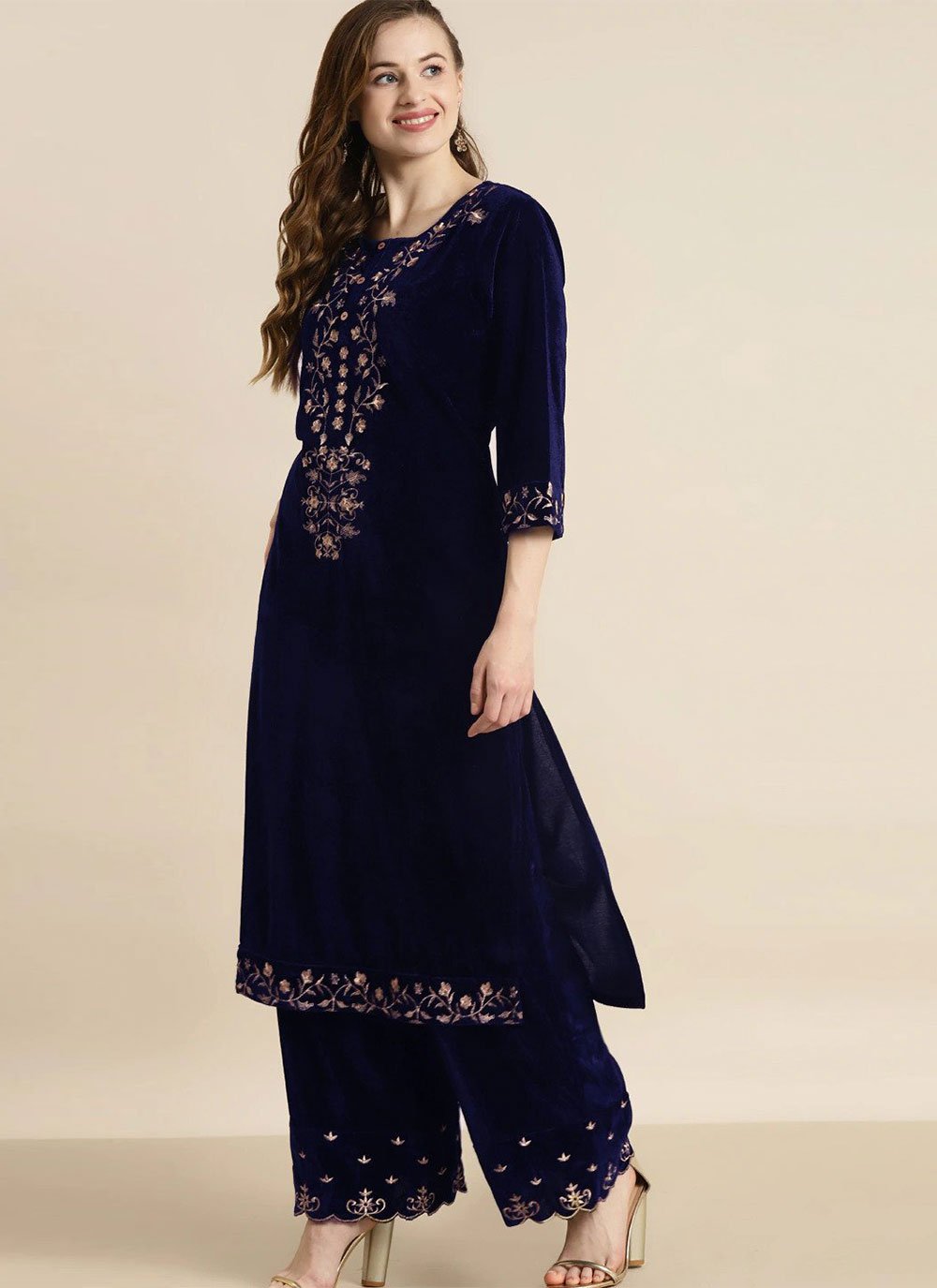 Party Wear Kurti Velvet Blue Embroidered Kurtis