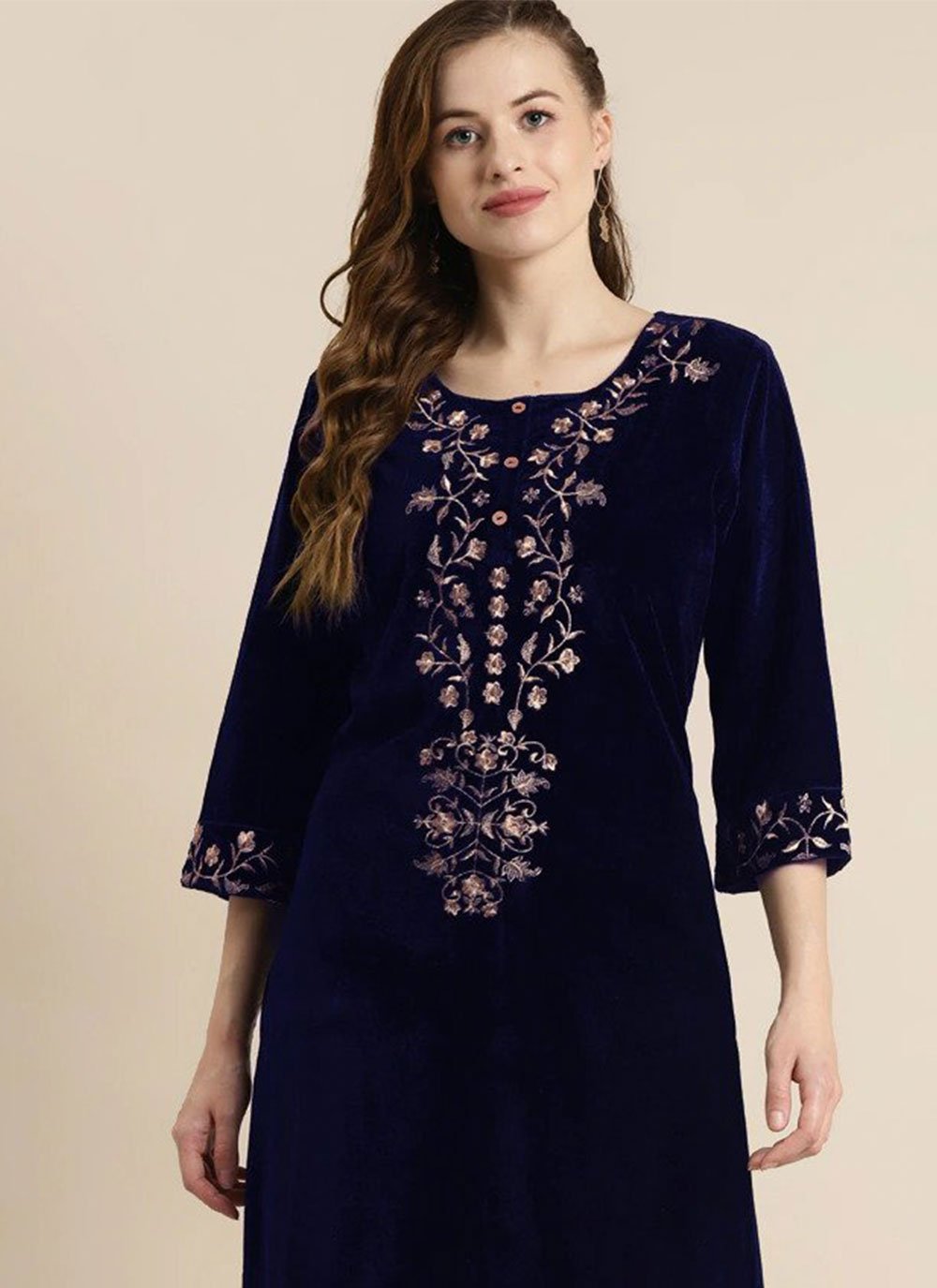 Party Wear Kurti Velvet Blue Embroidered Kurtis