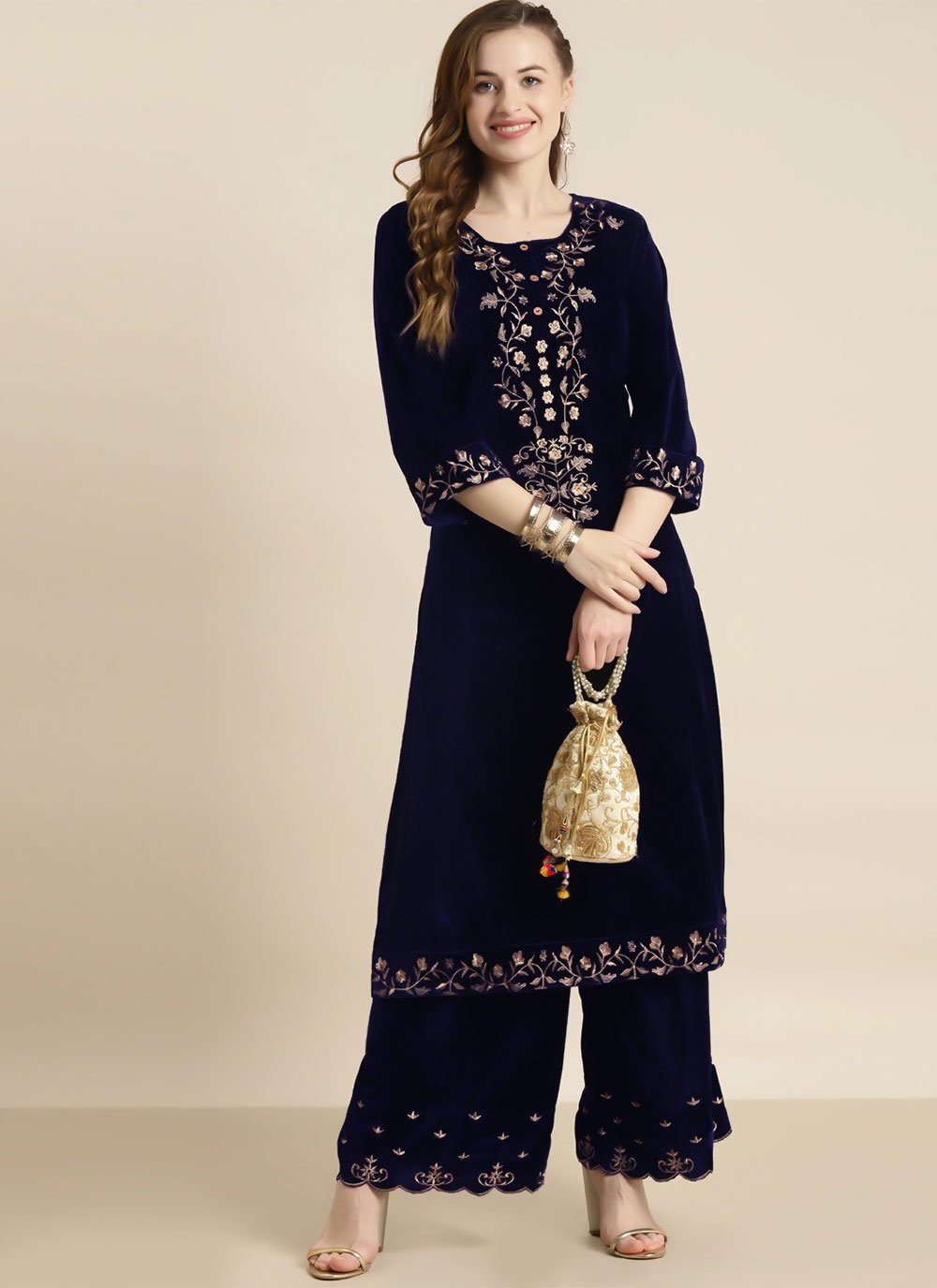 Party Wear Kurti Velvet Blue Embroidered Kurtis