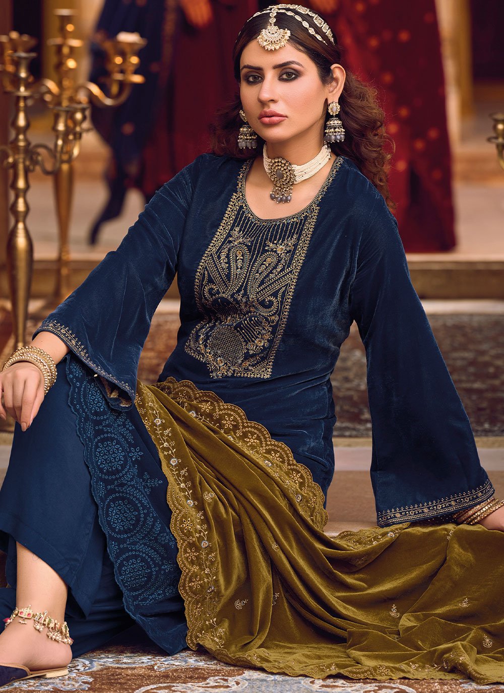 Salwar Suit Velvet Blue Embroidered Salwar Kameez