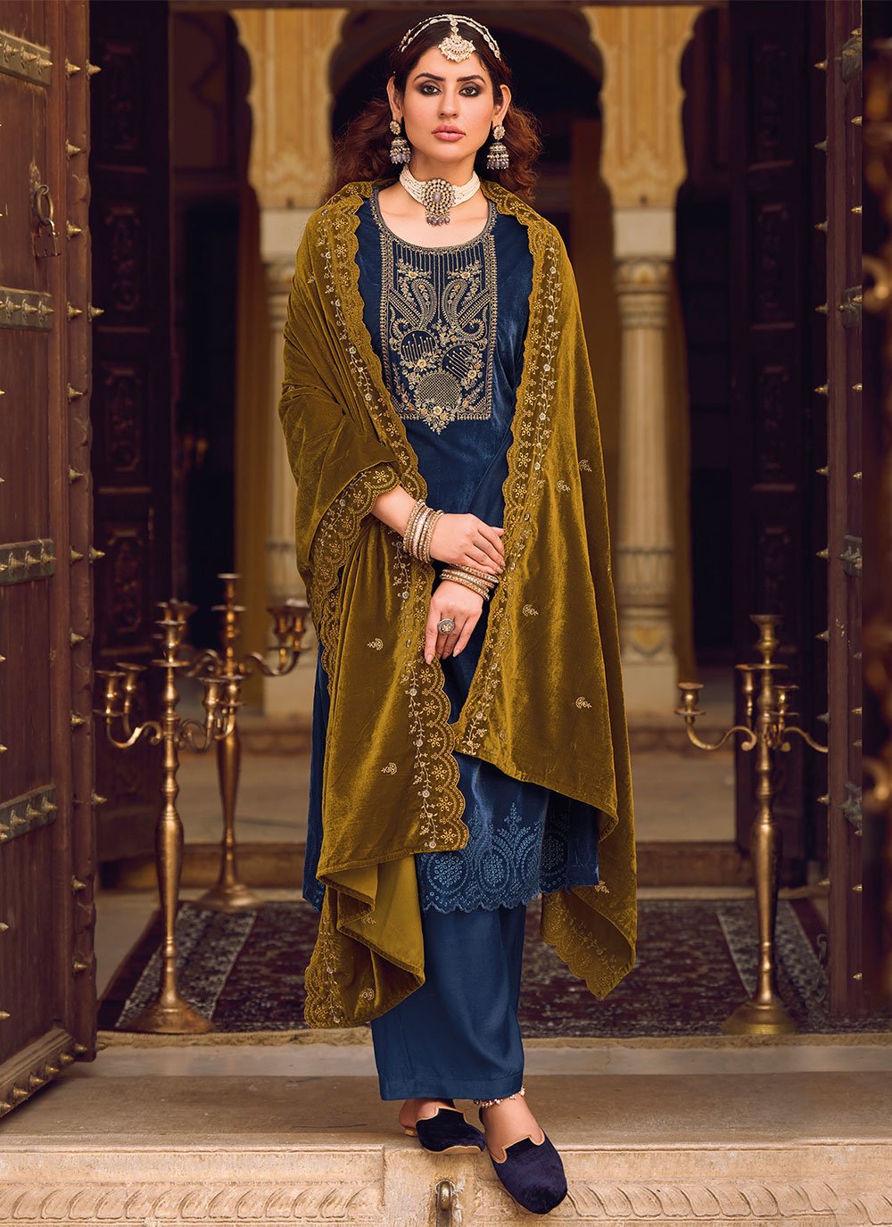 Salwar Suit Velvet Blue Embroidered Salwar Kameez