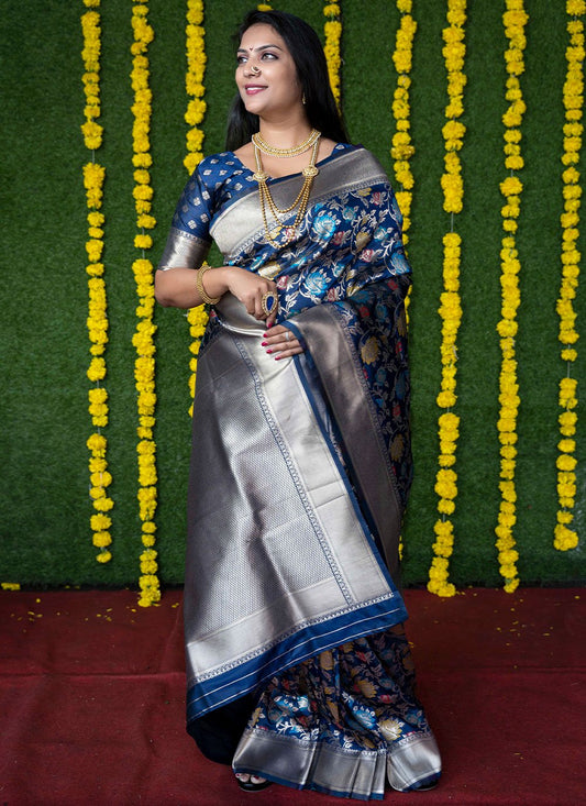 Trendy Saree Banarasi Silk Blue Jacquard Work Saree