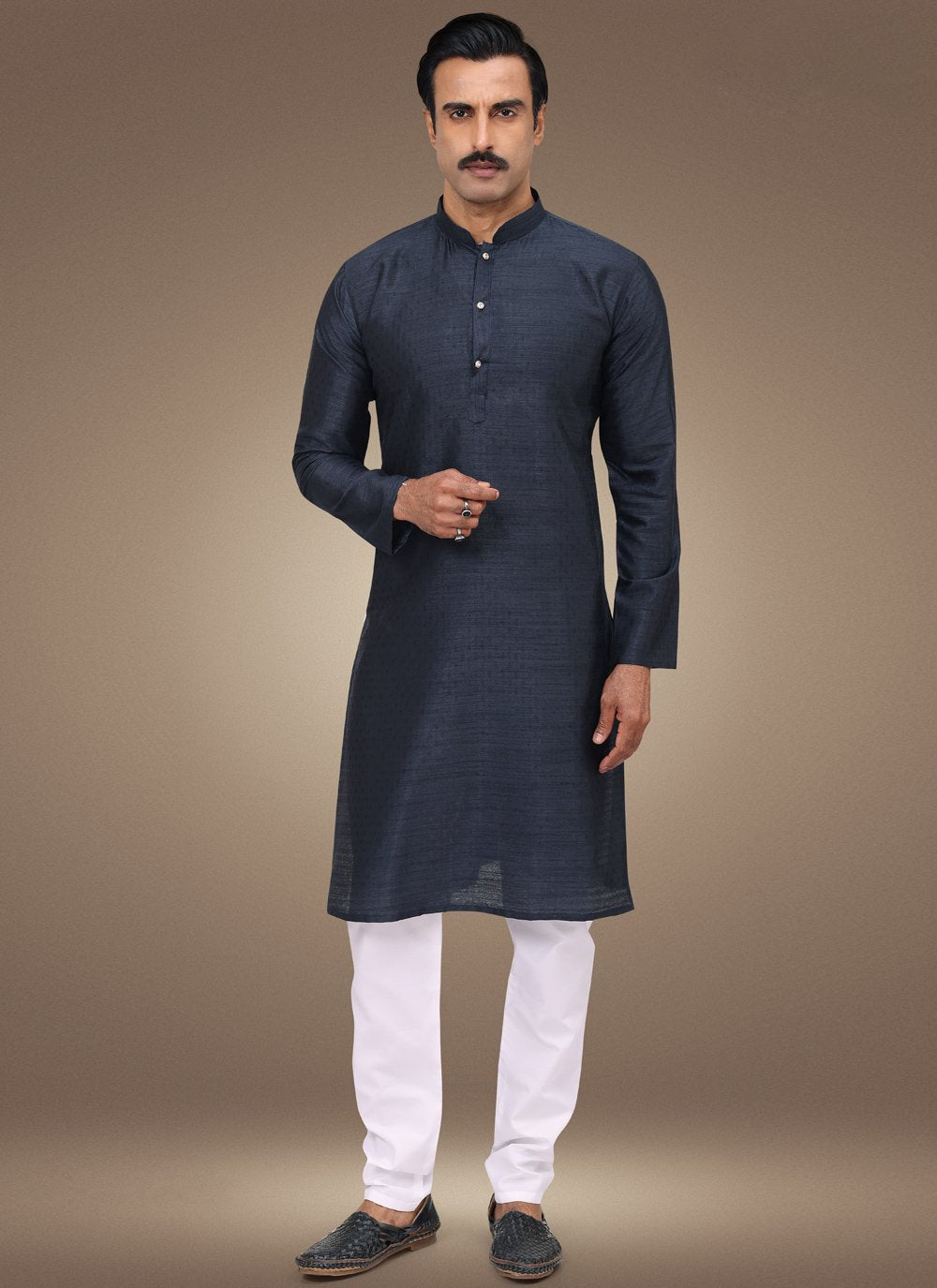 Kurta Pyjama Silk Blue Fancy Work Mens