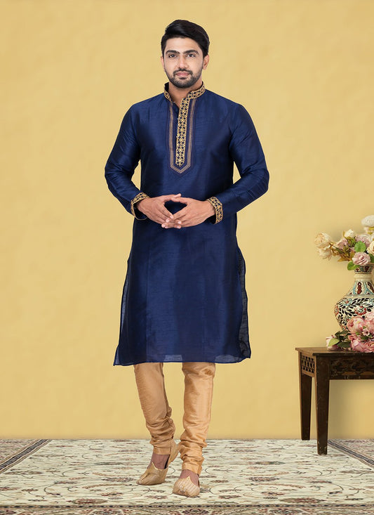 Kurta Pyjama Dupion Silk Blue Fancy Work Mens