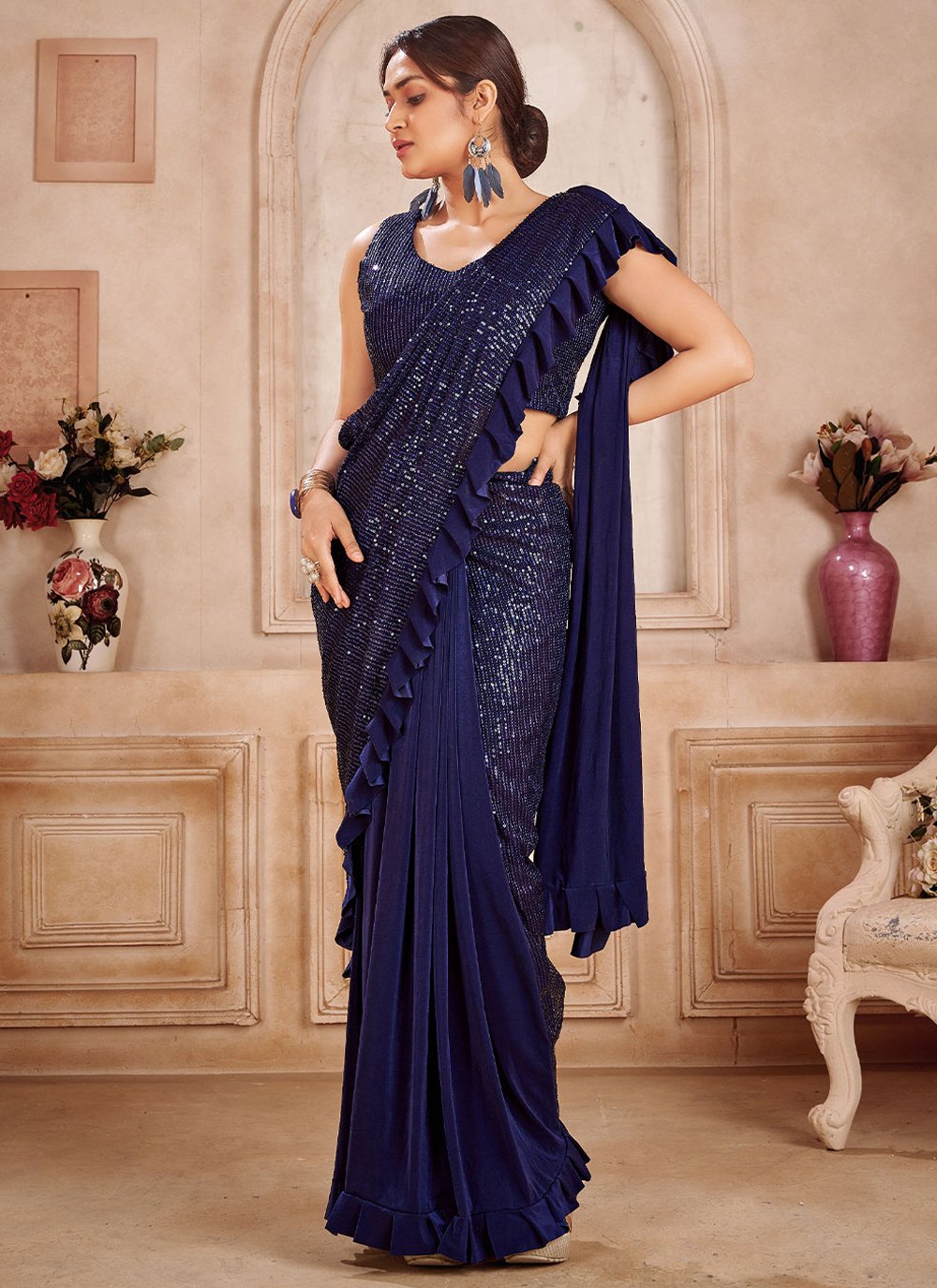 Designer Fancy Fabric Blue Sequins Saree