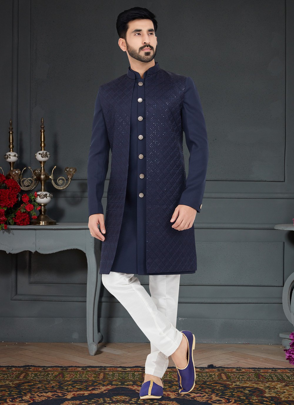 Indo Western Fancy Fabric Blue Embroidered Mens